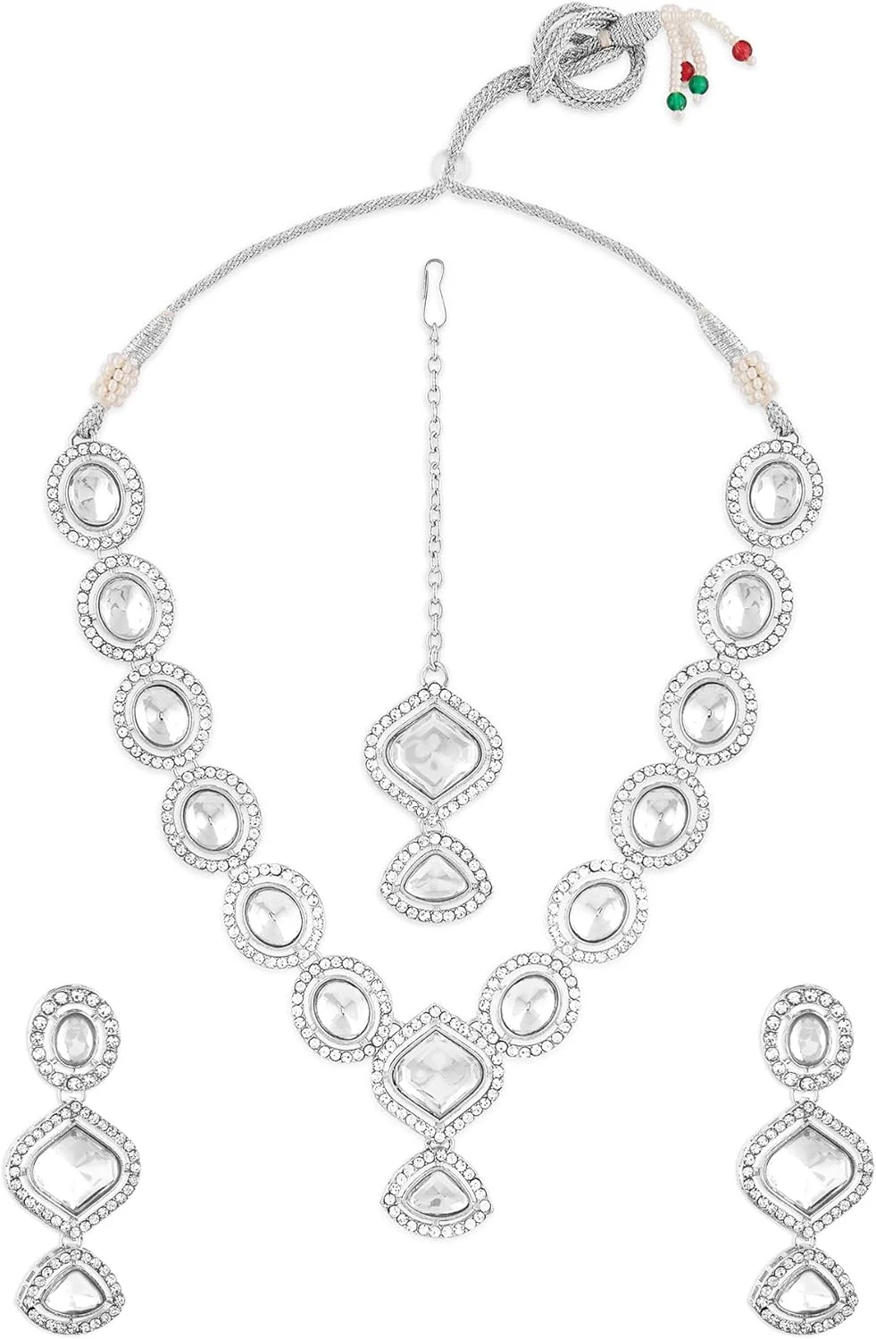 ست گردنبند، گوشواره و مانگ تیکا زنانه با سنگ های درخشان نقره ای رنگ ZAVERI PEARLS - ZPFK17572