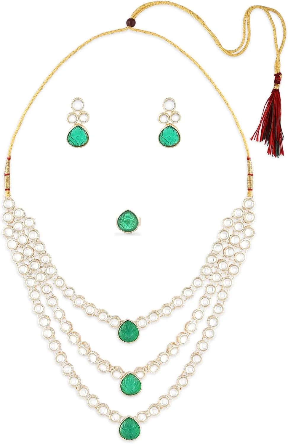 زیورآلات مروارید ZAVERI، ست گردنبند، گوشواره و انگشتر چند لایه کندان با سنگ های سبز برای عروس - ZPFK17606