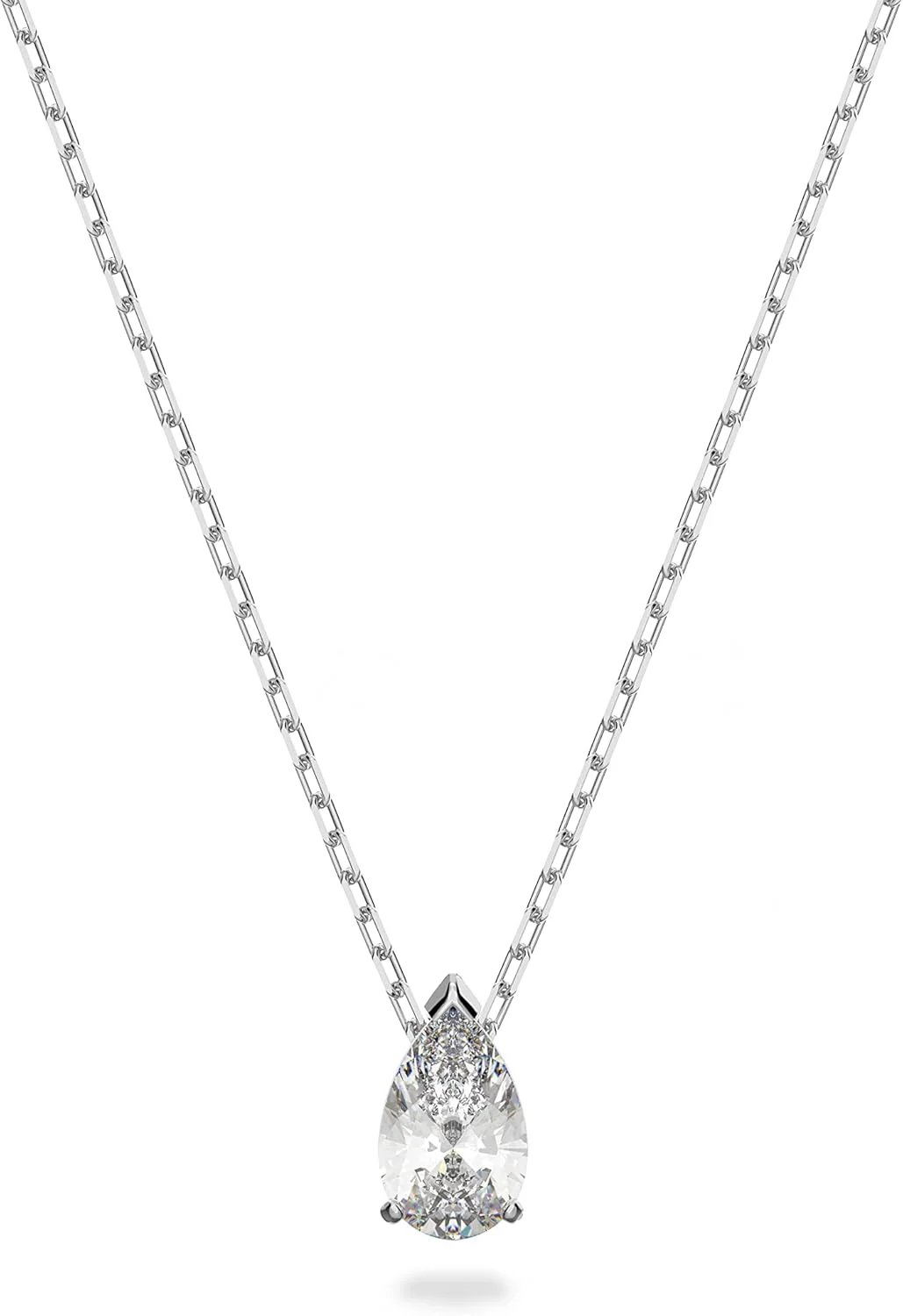 ست جواهرات گلابی شکل سواروسکی، گردنبند آویز زنانه و گوشواره های میخی ست با کریستال های سفید در روکش رودیوم ست جواهرات گلابی شکل سواروسکی، گردنبند آویز زنانه و گوشواره های میخی ست با کریستال های سفید در روکش رودیوم