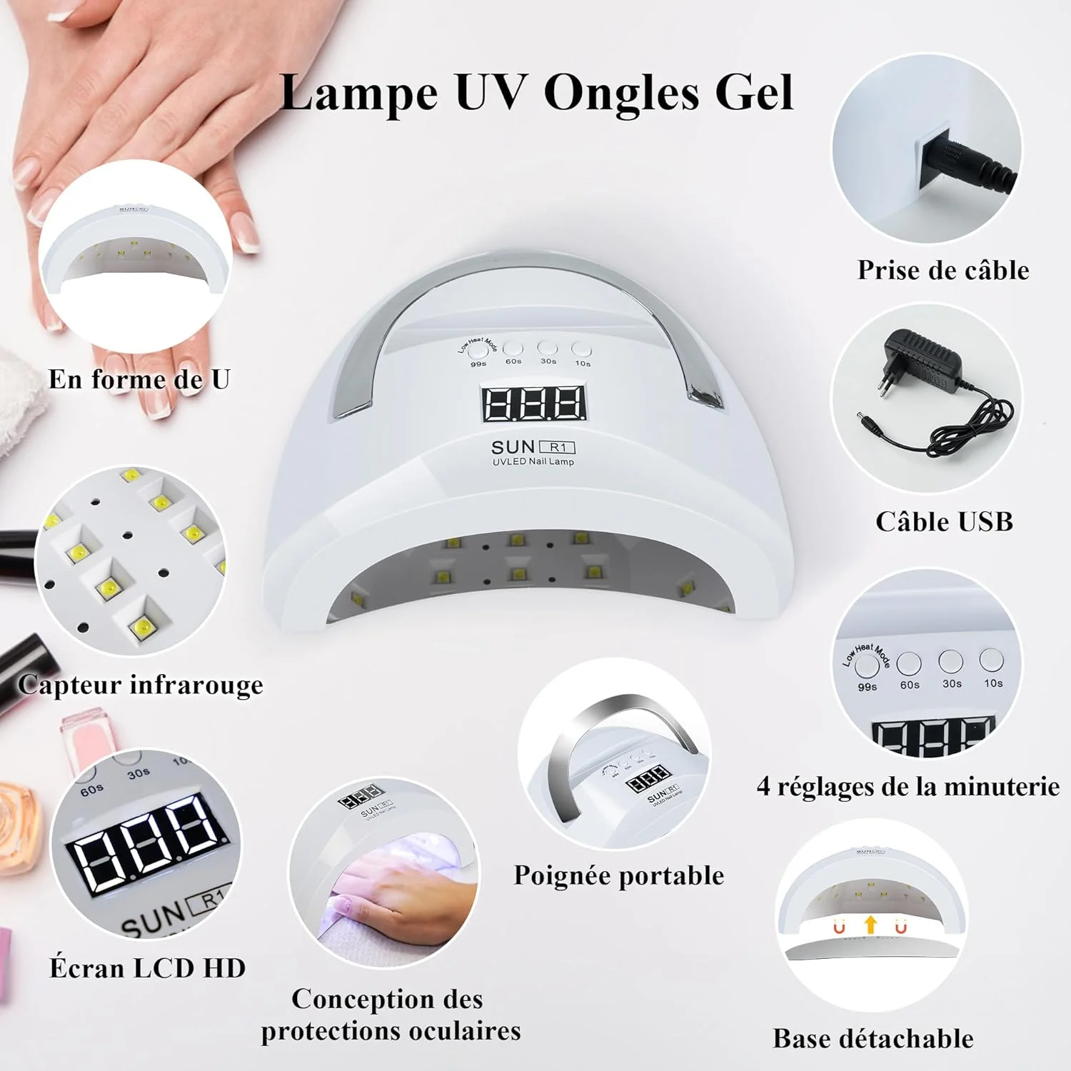 دستگاه خشک کن لاک ژل چیرهوم 60 وات، دارای 30 لامپ LED، 4 تایمر، دسته سفید قابل حمل، نمایشگر LCD، دستگاه خشک کن لاک ناخن دستگاه خشک کن لاک ژل چیرهوم 60 وات، دارای 30 لامپ LED، 4 تایمر، دسته سفید قابل حمل، نمایشگر LCD، دستگاه خشک کن لاک ناخن