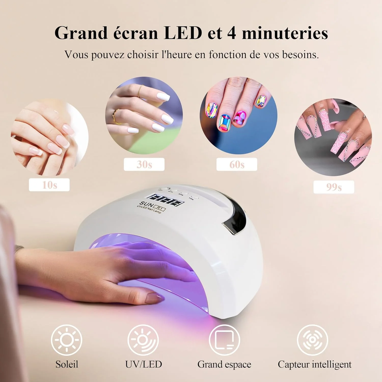 دستگاه خشک کن لاک ژل چیرهوم 60 وات، دارای 30 لامپ LED، 4 تایمر، دسته سفید قابل حمل، نمایشگر LCD، دستگاه خشک کن لاک ناخن دستگاه خشک کن لاک ژل چیرهوم 60 وات، دارای 30 لامپ LED، 4 تایمر، دسته سفید قابل حمل، نمایشگر LCD، دستگاه خشک کن لاک ناخن