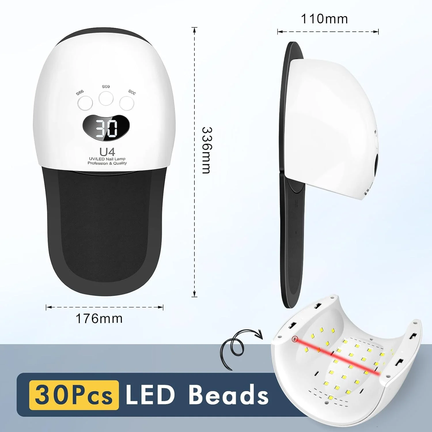 دستگاه تمیز کننده ناخن، لامپ ناخن UV LED، خشک کن ناخن ژلی با نور UV با 3 تایمر، 30 عدد مهره لامپ، صفحه نمایش LCD و سنسور هوشمند، نور UV/LED قابل حمل برای خانه و سالن
