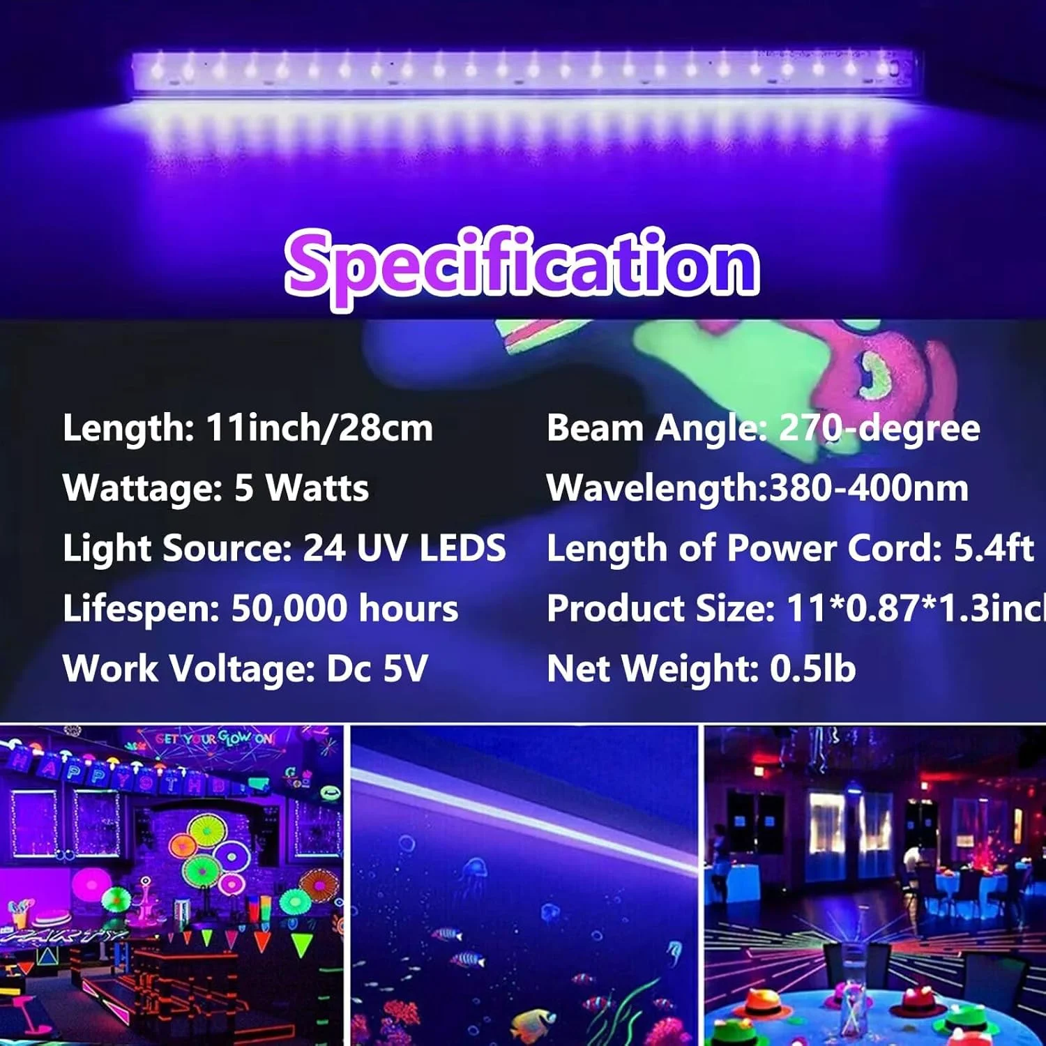 نوار نور مشکی ال ای دی فرابنفش، نوار نور ال ای دی یو اس بی 5 وات 1.6 متری با زاویه تابش 270 درجه، لامپ نور مشکی بنفش رنگ برای پوستر فلورسنت، مهمانی درخشان، هالووین، تشخیص، 2 عدد