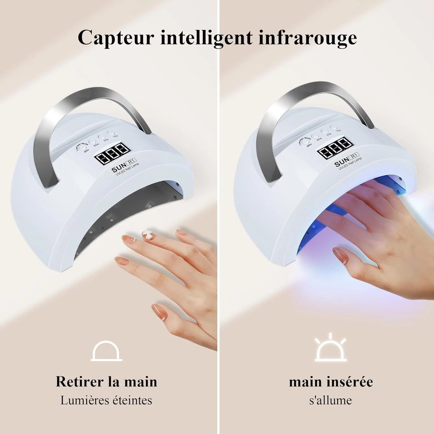 دستگاه خشک کن لاک ژل چیرهوم 60 وات، دارای 30 لامپ LED، 4 تایمر، دسته سفید قابل حمل، نمایشگر LCD، دستگاه خشک کن لاک ناخن دستگاه خشک کن لاک ژل چیرهوم 60 وات، دارای 30 لامپ LED، 4 تایمر، دسته سفید قابل حمل، نمایشگر LCD، دستگاه خشک کن لاک ناخن