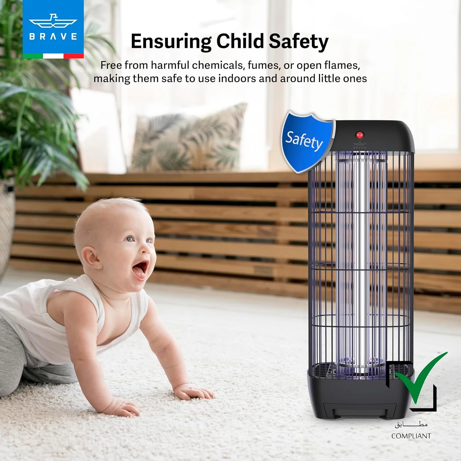 دستگاه حشره کش برقی 15 واتی BRAVE - دستگاه قدرتمند از بین برنده پشه در فضای داخلی و خارجی با نور UV+LED برای پاسیو، بالکن، رستوران یا اتاق خواب - کنترل حشرات بدون مواد شیمیایی - مشکی