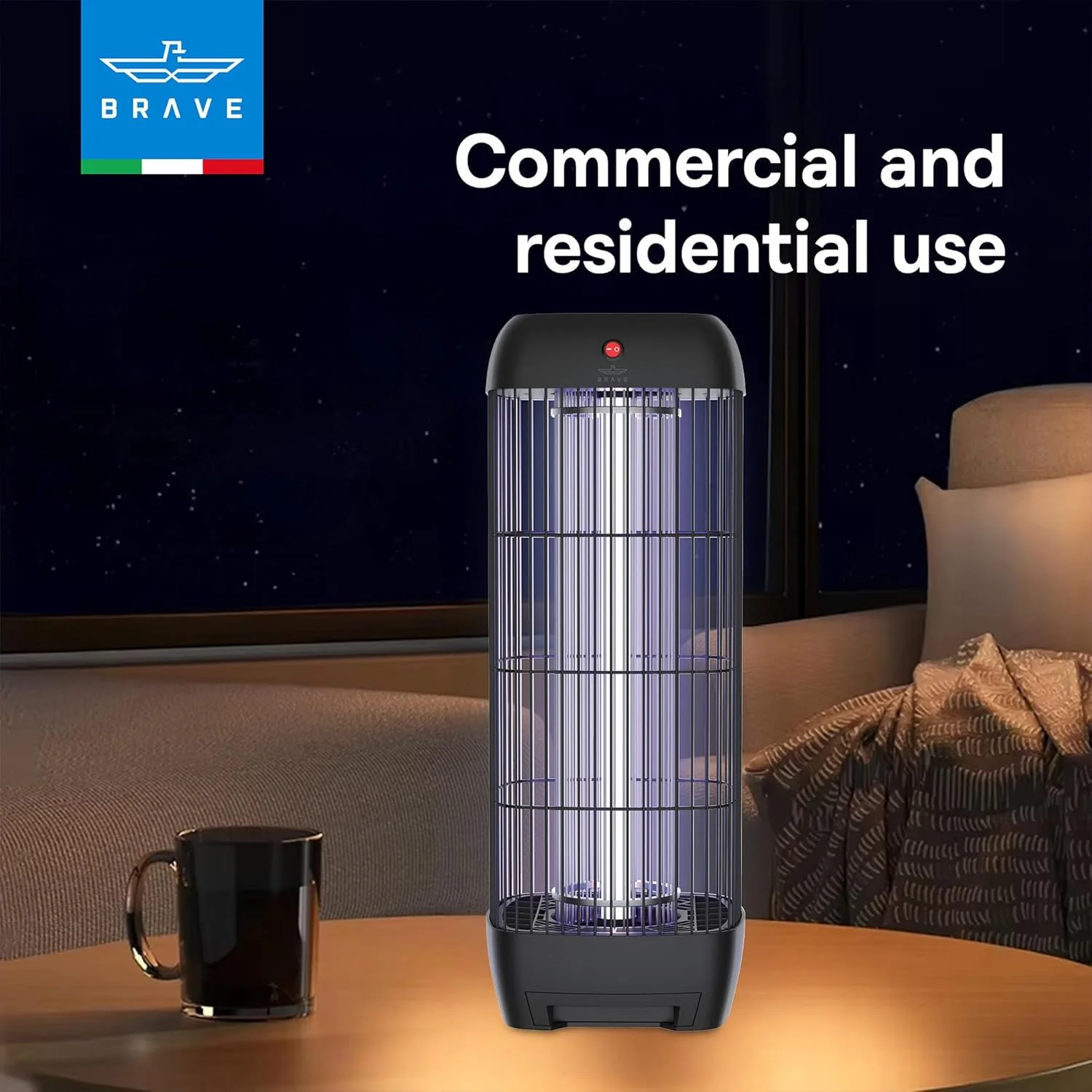 دستگاه حشره کش برقی 15 واتی BRAVE - دستگاه قدرتمند از بین برنده پشه در فضای داخلی و خارجی با نور UV+LED برای پاسیو، بالکن، رستوران یا اتاق خواب - کنترل حشرات بدون مواد شیمیایی - مشکی