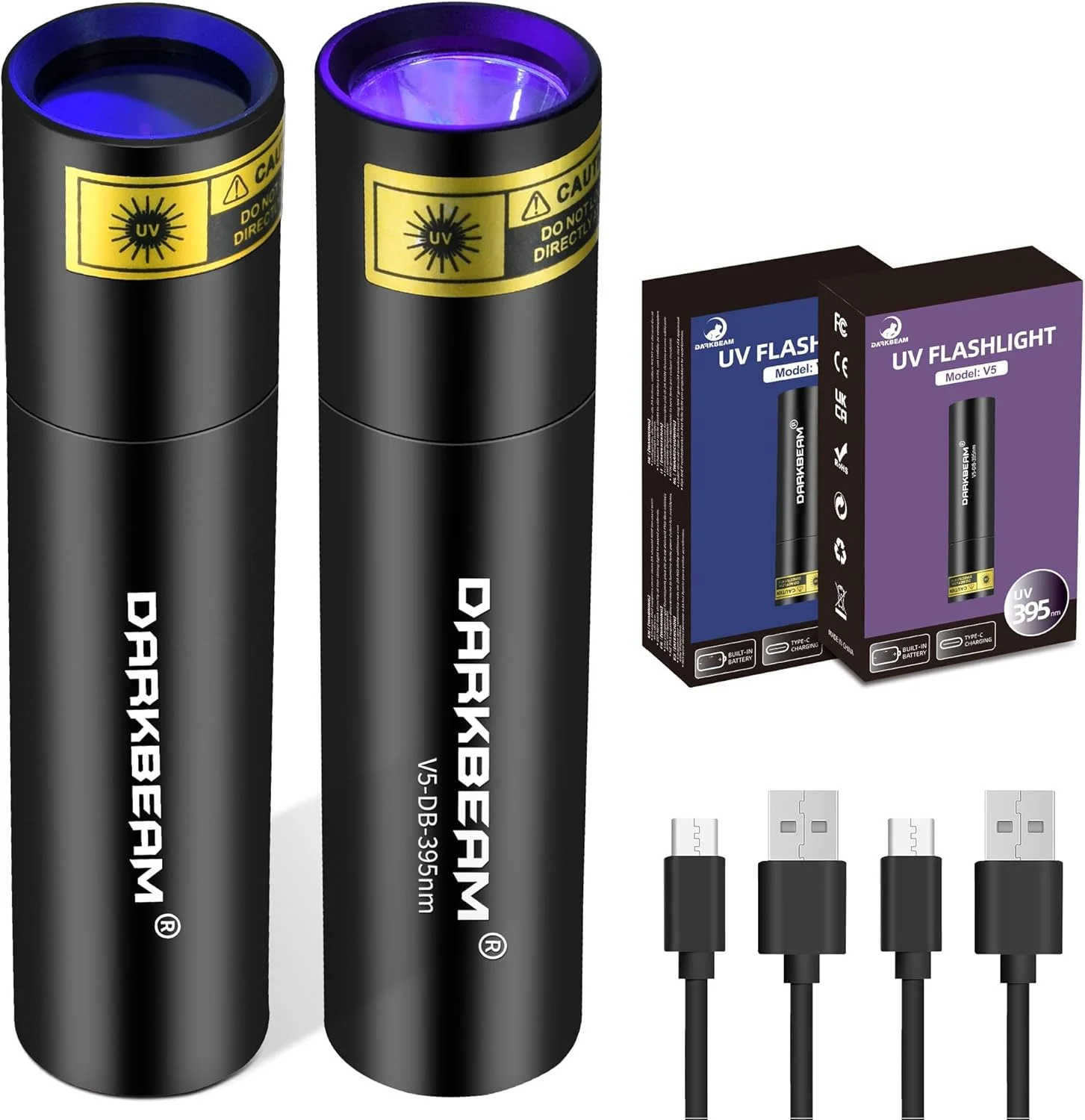 چراغ قوه فرابنفش DARKBEAM با نور 365 نانومتر و نور سیاه 395 نانومتر، چراغ قوه کوچک و قدرتمند USB-C قابل شارژ، چراغ قوه LED فرابنفش برای تشخیص ادرار حیوانات خانگی، سنگ، شیشه اورانیوم، خشک کردن رزین، 2 عدد