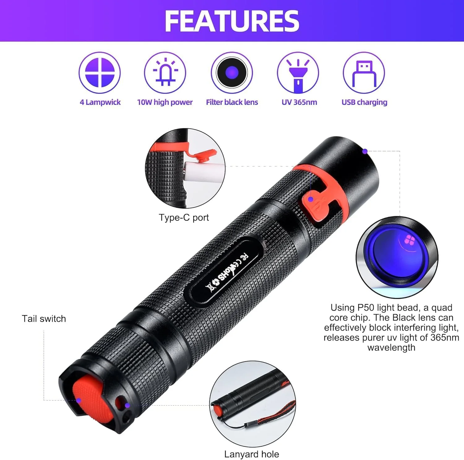 چراغ قوه فرابنفش 365 نانومتری، چراغ قوه LED فرابنفش کوچک و قدرتمند قابل شارژ با عینک محافظ UV - ایده آل برای تشخیص ادرار حیوانات خانگی، پخت رزین، درخشش مواد معدنی و تشخیص نشتی AC