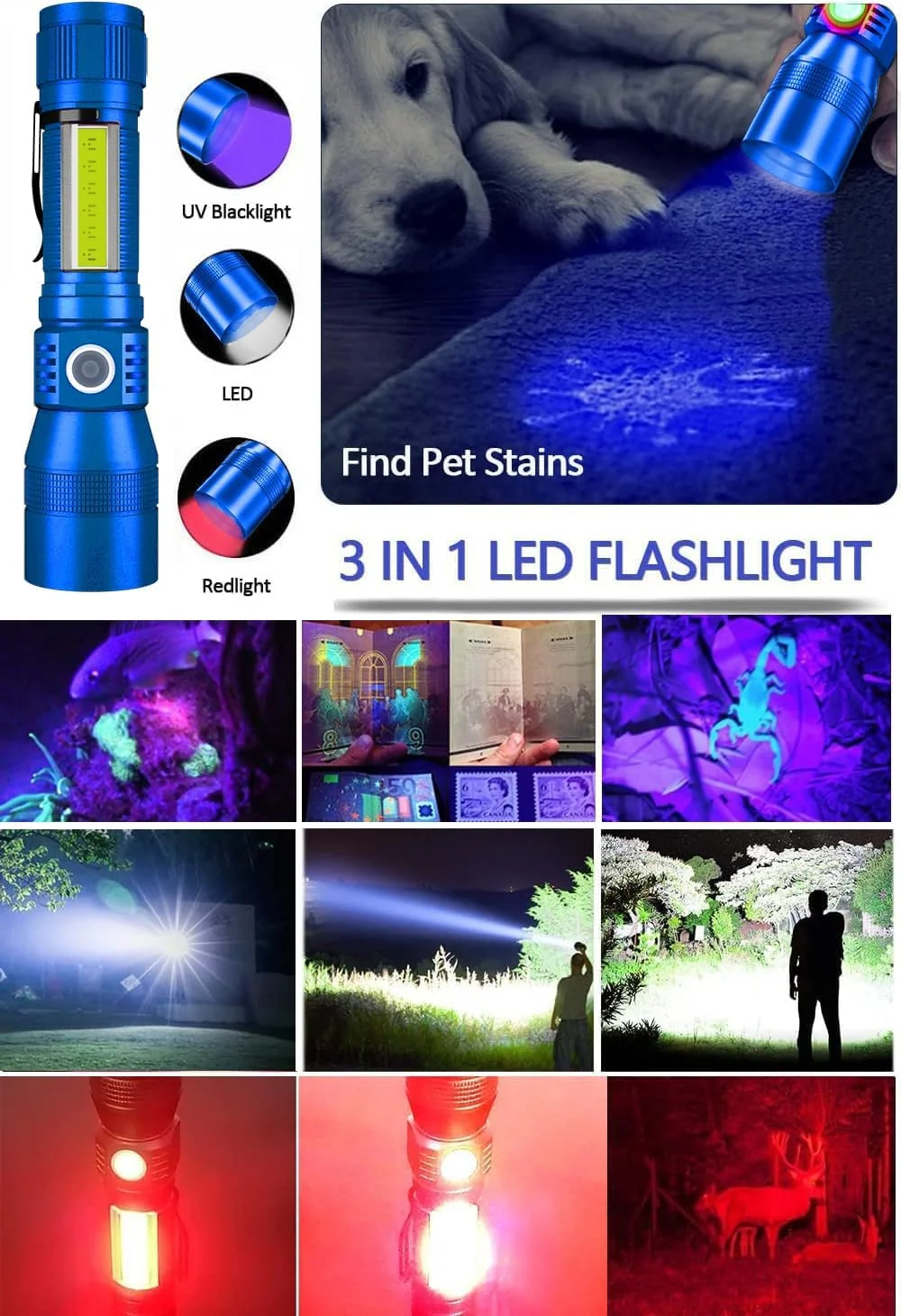 چراغ قوه فرابنفش شارژی، چراغ قوه تاکتیکی فوق العاده روشن 3 در 1، چراغ سیاه فرابنفش LED و نور قرمز، 1500 لومن 7 حالت، زومشدنی، چراغ قوه جیبی ضد آب برای تشخیص لکههای حیوانات خانگی، کمپینگ چراغ قوه فرابنفش شارژی، چراغ قوه تاکتیکی فوق العاده روشن 3 در 1، چراغ سیاه فرابنفش LED و نور قرمز، 1500 لومن 7 حالت، زومشدنی، چراغ قوه جیبی ضد آب برای تشخیص لکههای حیوانات خانگی، کمپینگ