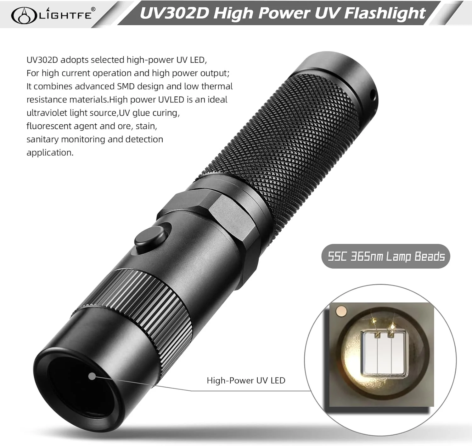 چراغ قوه فرابنفش LIGHTFE مدل UV302D با طول موج 365 نانومتر، منبع ال ای دی LG، لنز فیلتر مشکی، حداکثر توان 3000mW برای خشک کردن UV، سنگ های شب تاب، تشخیص ادرار حیوانات خانگی، تشخیص نشت AC چراغ قوه فرابنفش LIGHTFE مدل UV302D با طول موج 365 نانومتر، منبع ال ای دی LG، لنز فیلتر مشکی، حداکثر توان 3000mW برای خشک کردن UV، سنگ های شب تاب، تشخیص ادرار حیوانات خانگی، تشخیص نشت AC