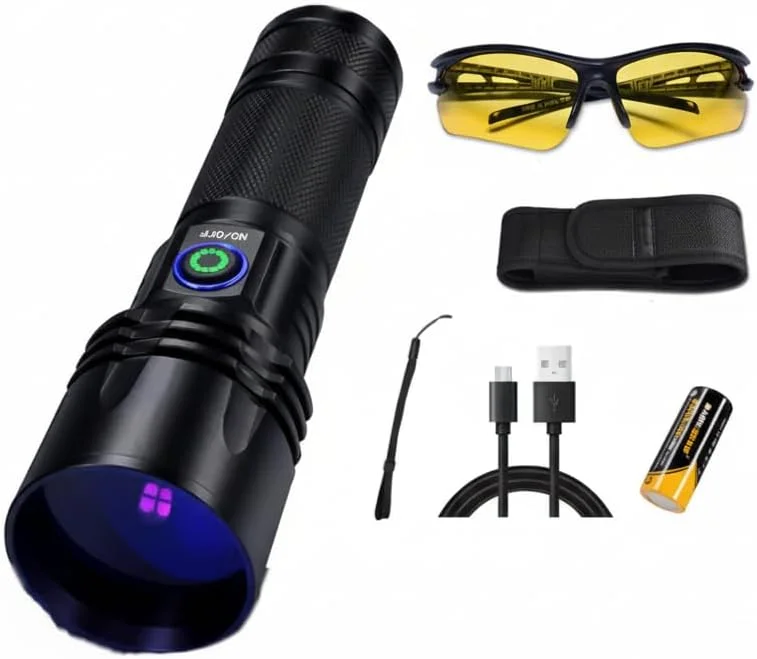 چراغ قوه UV 365 نانومتری نور سیاه، چراغ وود LED قابل شارژ USB-C، 20 وات قدرتمند، آشکارساز قابل حمل با زمان کارکرد طولانی برای ادرار حیوانات خانگی، نشتی A/C، پخت رزین