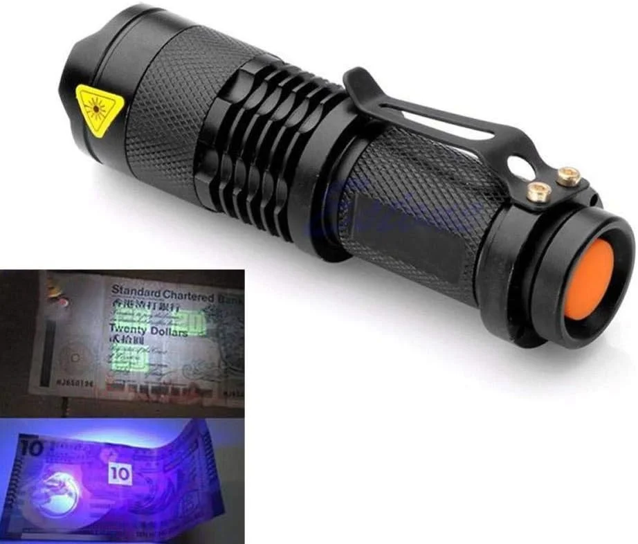 چراغ قوه LED UV زوم‌دار، چراغ ماوراء بنفش، لامپ UV با باتری AA