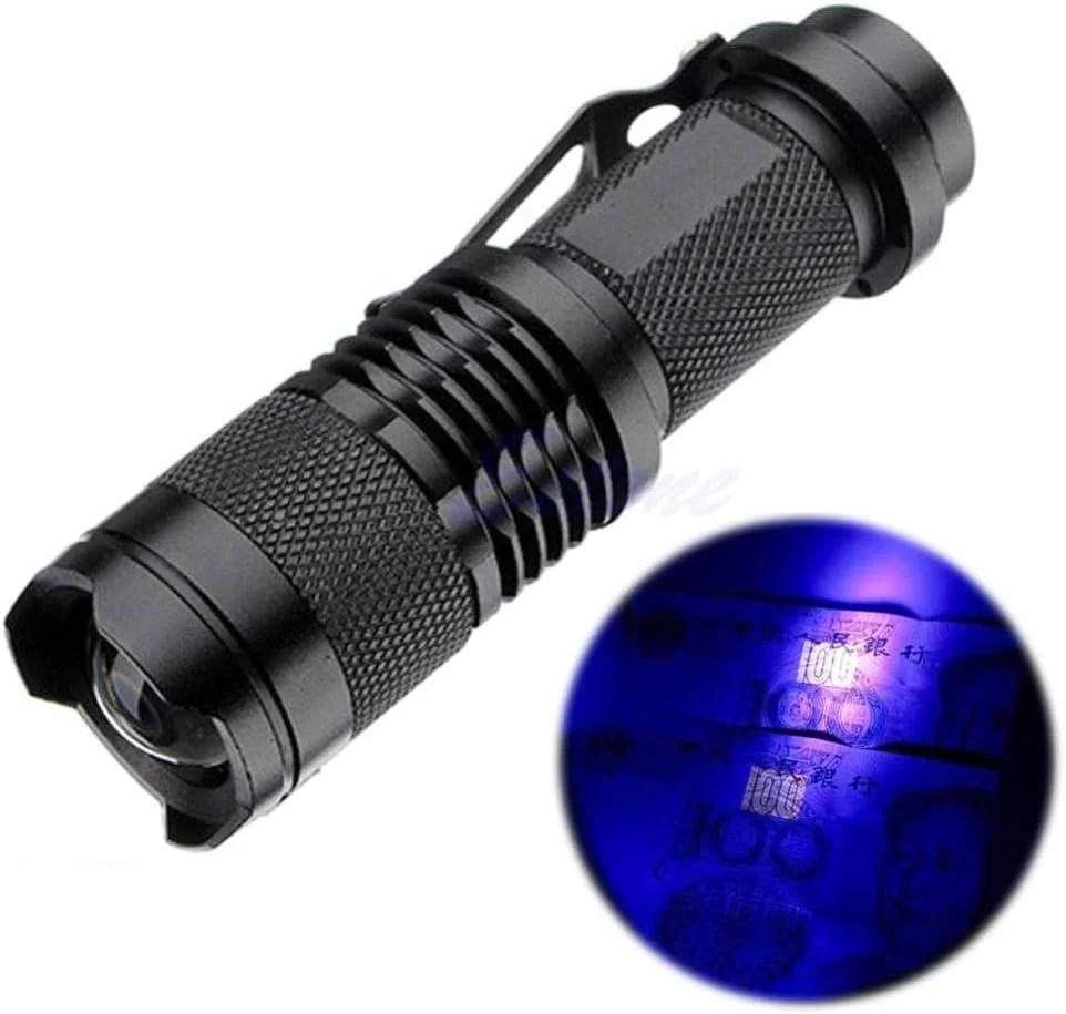 چراغ قوه LED UV زوم‌دار، چراغ ماوراء بنفش، لامپ UV با باتری AA