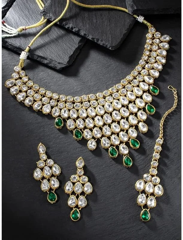 آهلی، گردنبند نگیندار مجلسی و شیک با طرحی نفیس به همراه آویز پیشانی (مانگ تیکا)، زیورآلات سنتی و قومی هندی برای بانوان آهلی، گردنبند نگیندار مجلسی و شیک با طرحی نفیس به همراه آویز پیشانی (مانگ تیکا)، زیورآلات سنتی و قومی هندی برای بانوان