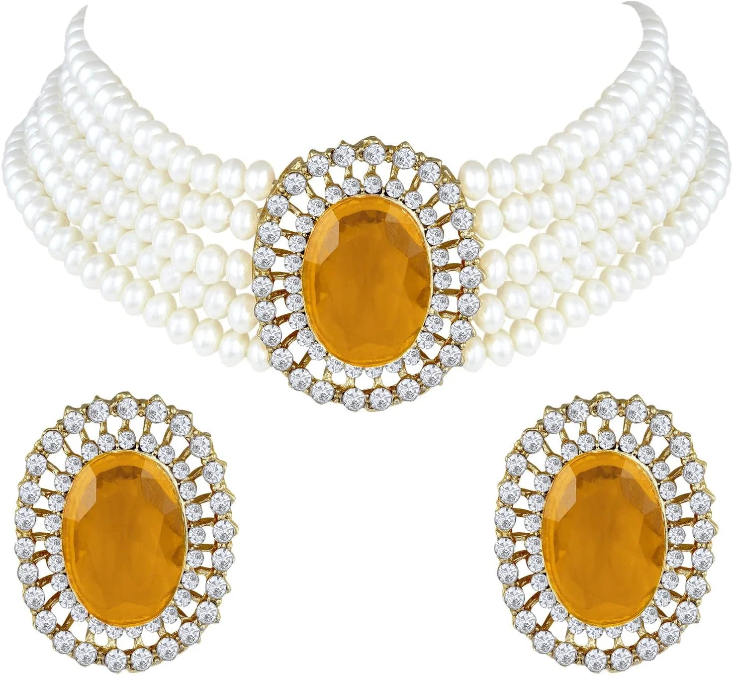 ست گردنبند چوکر مرواریدی چند لایه و گوشواره زنانه و دخترانه طرح کندن، جواهرات سنتی هندی مناسب عروسی ست گردنبند چوکر مرواریدی چند لایه و گوشواره زنانه و دخترانه طرح کندن، جواهرات سنتی هندی مناسب عروسی