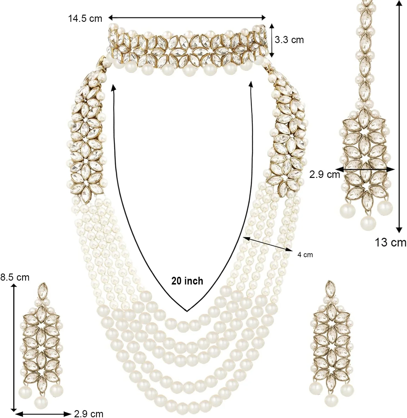 آهلی، ست جواهرات مجلسی عروسی شامل گردنبند چوکر مرواریدی بلند، گوشواره و مانگ تیکا، طرح سنتی هندی زنانه آهلی، ست جواهرات مجلسی عروسی شامل گردنبند چوکر مرواریدی بلند، گوشواره و مانگ تیکا، طرح سنتی هندی زنانه