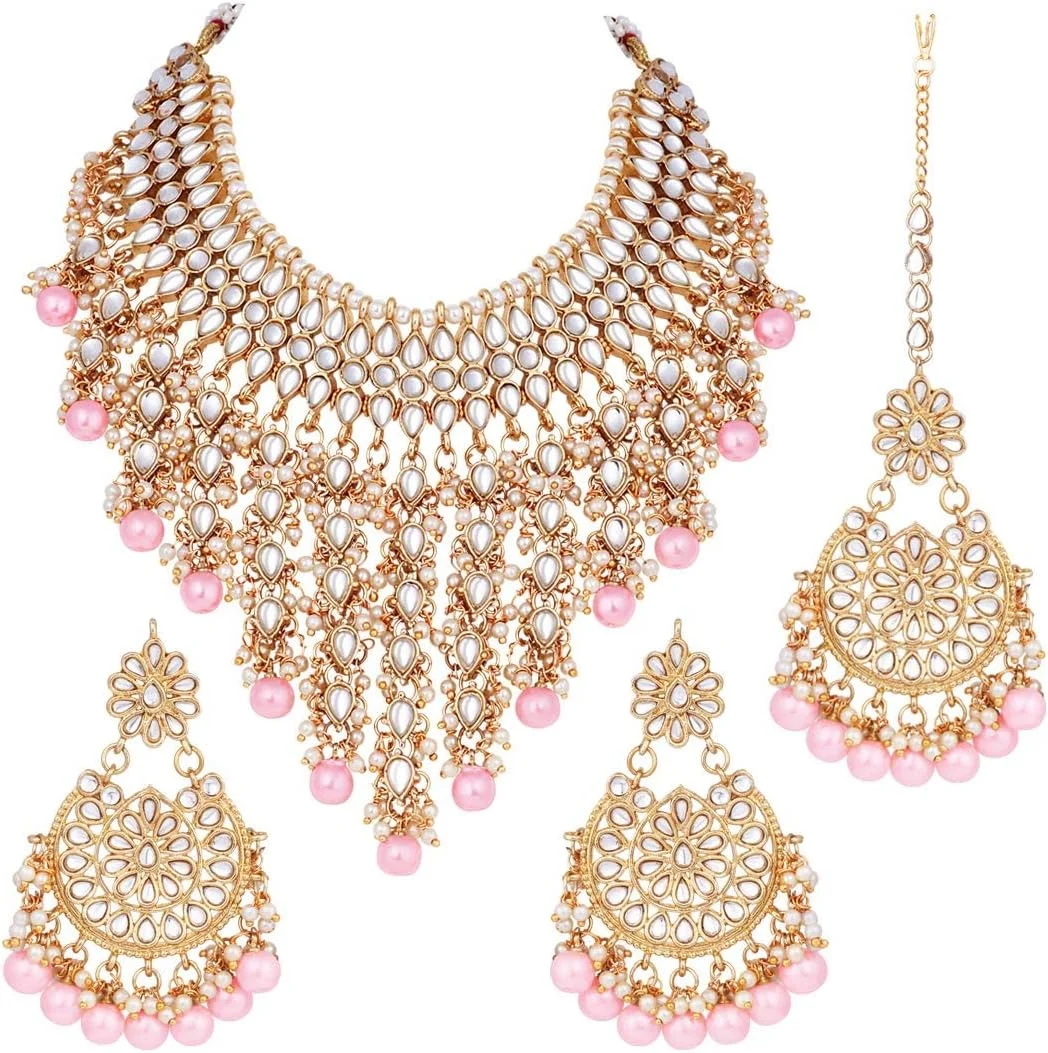 آویز گردنبند و گوشواره زنانه طرح میناکاری سنتی هندی با مروارید مصنوعی، سبک بالیوود