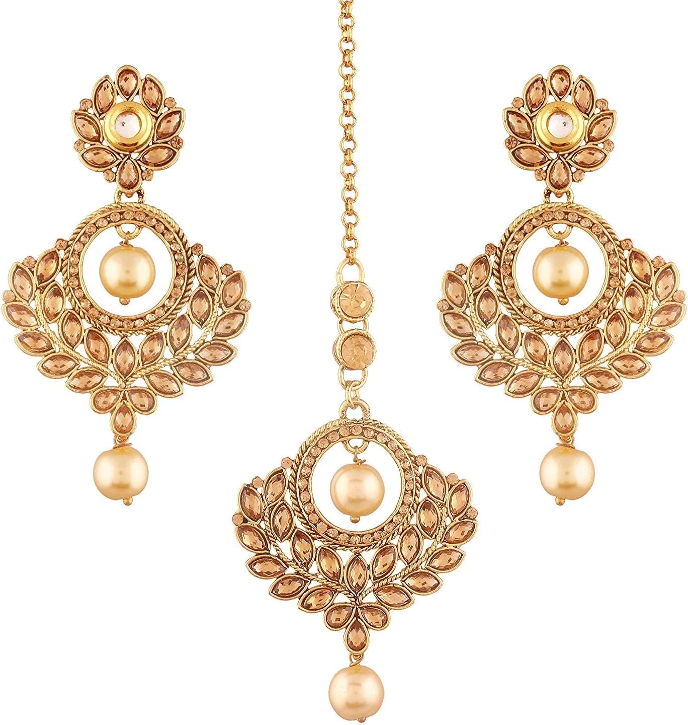آویز گوشواره ای آویزدار Aheli با طرح قومی، مروارید مصنوعی و نگین های Kundan به همراه Maang Tikka، مناسب برای مهمانی عروسی بالیوودی، زیورآلات مد روز زنانه
