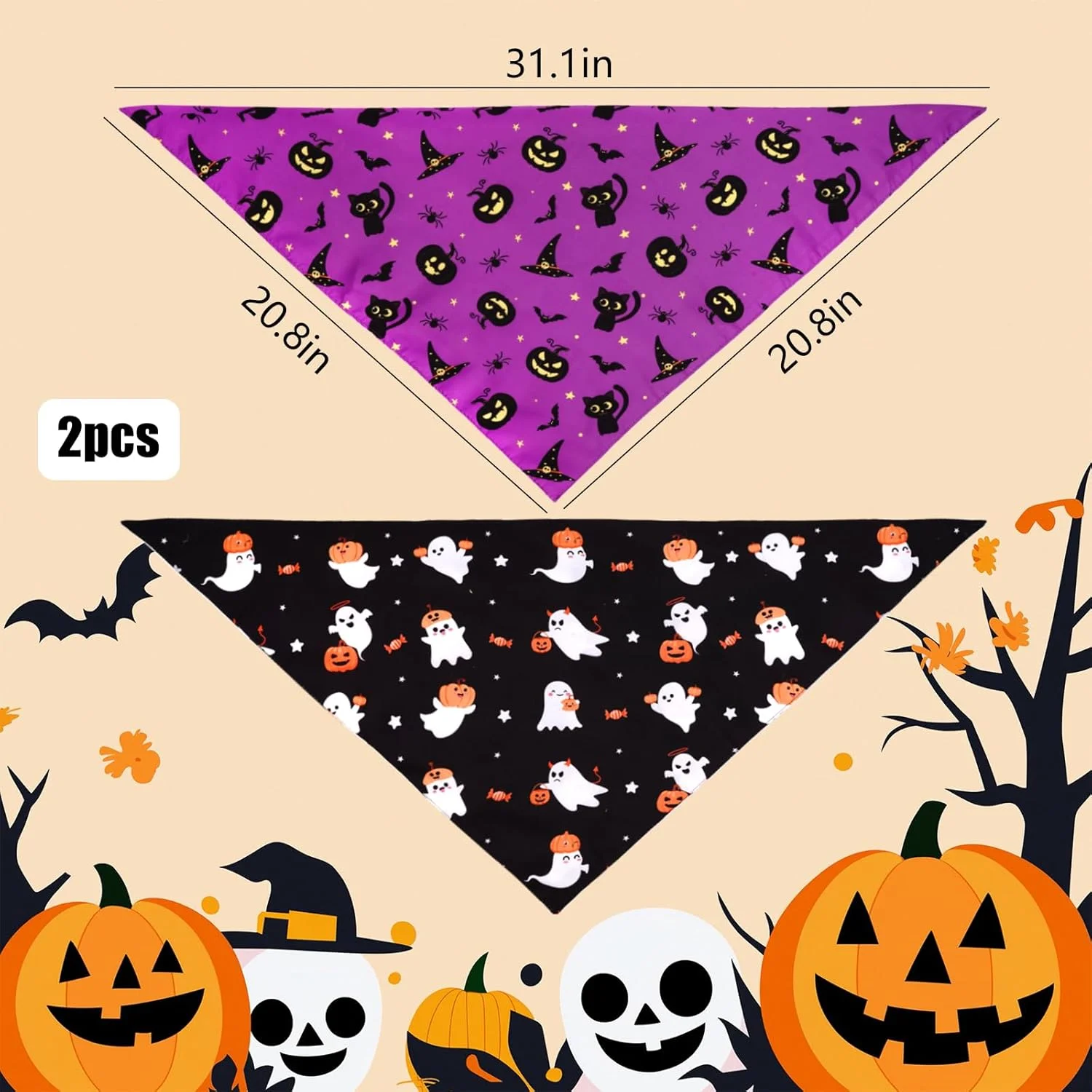 2 عدد دستمال گردن سگ برای هالووین - دستمال سر سگ با طرح های شبح کدو تنبل، دستمال گردن هالووین برای سگ ها و گربه ها، لوازم جانبی لباس هالووین حیوانات خانگی (لوازم حیوانات خانگی)