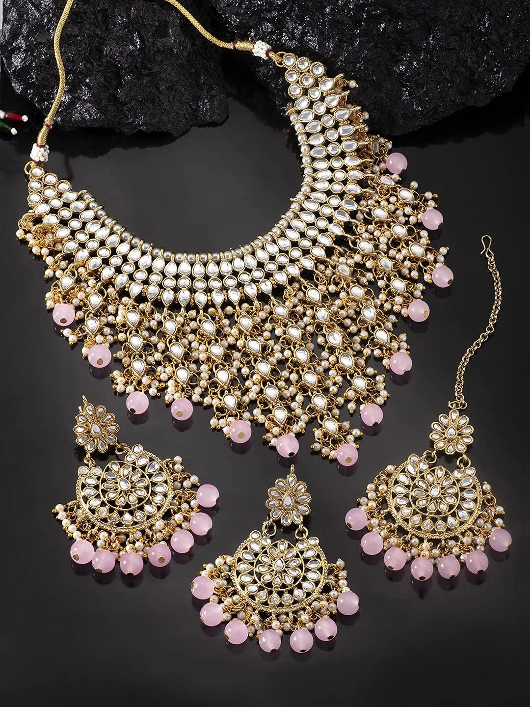 آویز گردنبند و گوشواره زنانه طرح میناکاری سنتی هندی با مروارید مصنوعی، سبک بالیوود آویز گردنبند و گوشواره زنانه طرح میناکاری سنتی هندی با مروارید مصنوعی، سبک بالیوود