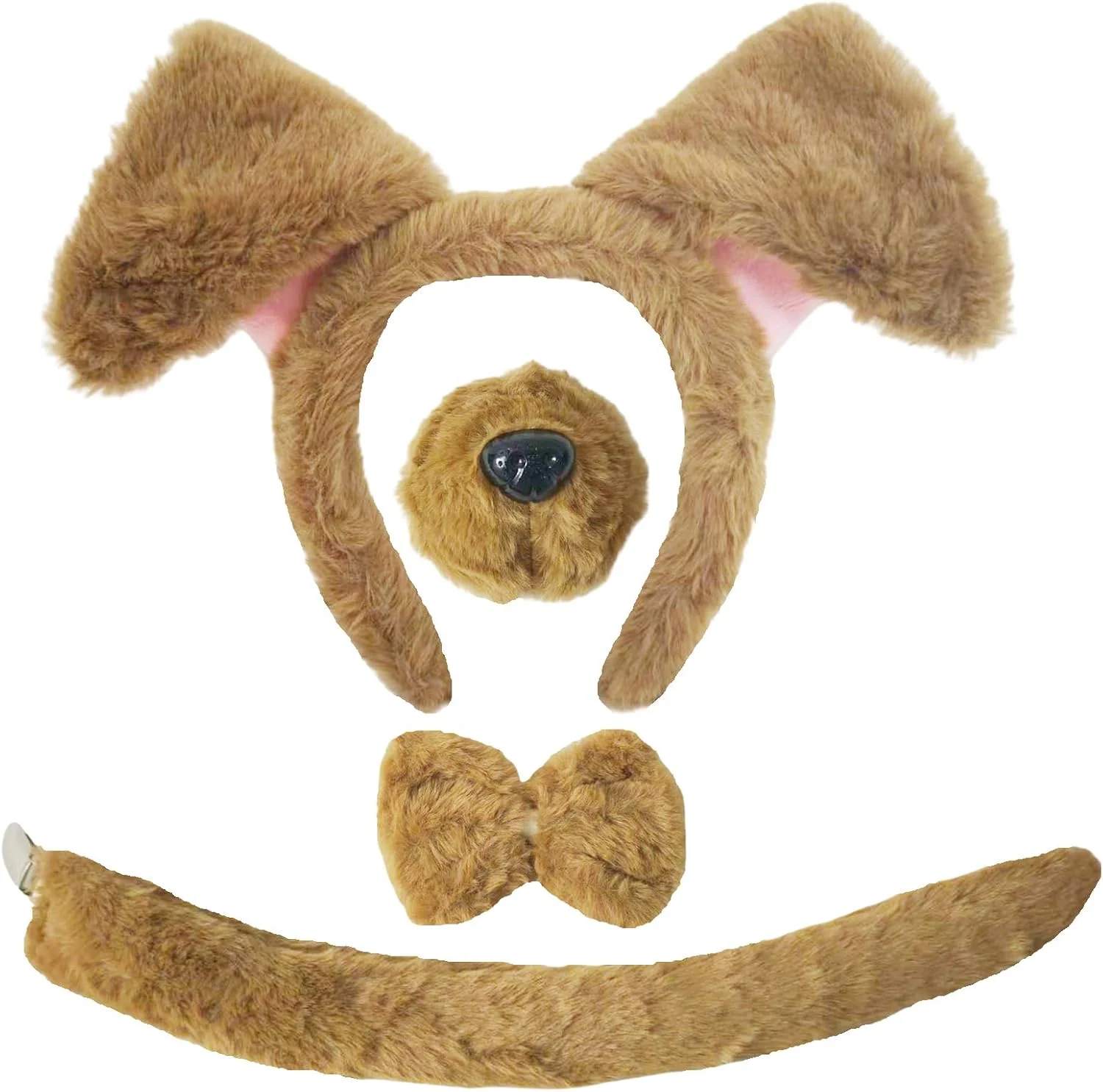 ست لوازم جانبی لباس سگ 4 تکه - شامل تل گوش سگ مخملی قهوه ای، بینی، پاپیون و دم گیره دار برای هالووین، مهمانی های لباس پوشیدن، نمایشنامه های مدرسه، رویدادهای با تم حیوانات
