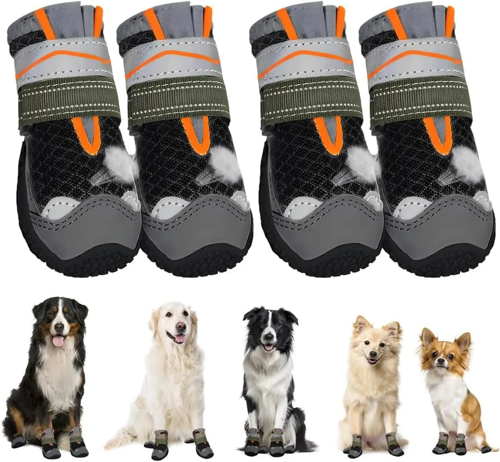 ست چهارتایی پاپوش محافظ سگ، محافظ پنجه لاستیکی ضد لغزش، کفش های تابستانی تنفسی برای سگ های بزرگ، متوسط و کوچک، خاکستری و نارنجی (سایز #3 (عرض 4.5 سانتی متر) برای وزن 14-17 کیلوگرم)