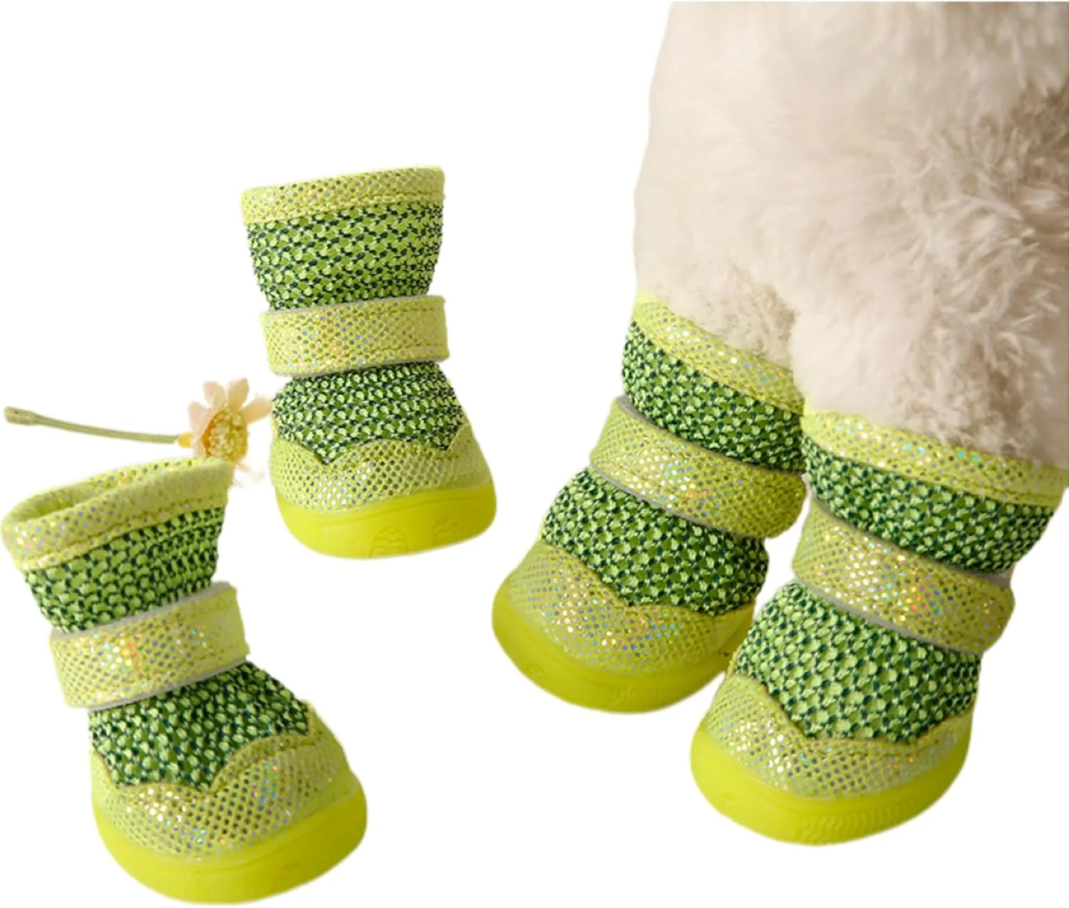 ست چهارتایی پاپوش سگ، کفش سگ کوچک با کفی ضد لغزش و بند چسبی قابل تنظیم، روکش محافظ پنجه تنفسی برای جلوگیری از لیسیدن (سبز، سایز 3)