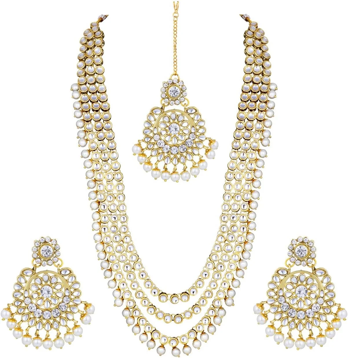آهلی، ست جواهرات مجلسی زنانه شامل گردنبند بلند، گوشواره و تیکا مانگ با طرح کندان مصنوعی