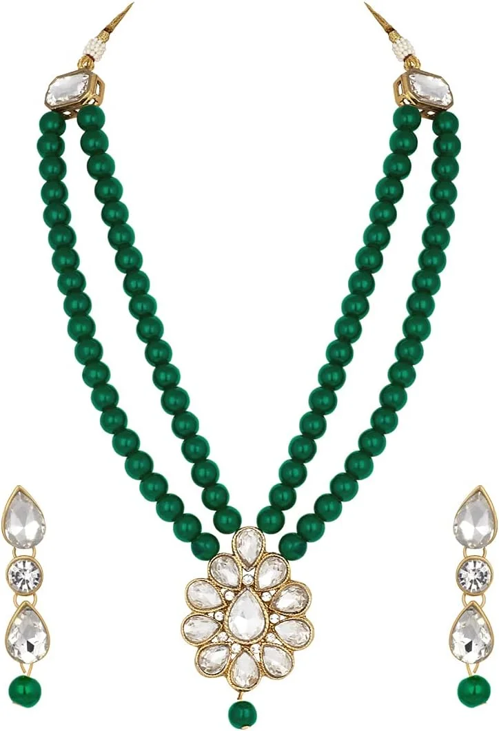 ست گردنبند، آویز، گوشواره مهره ای طرح کندان مصنوعی زنانه Aheli مناسب مهمانی عروسی، بالیوودی، جواهرات هندی