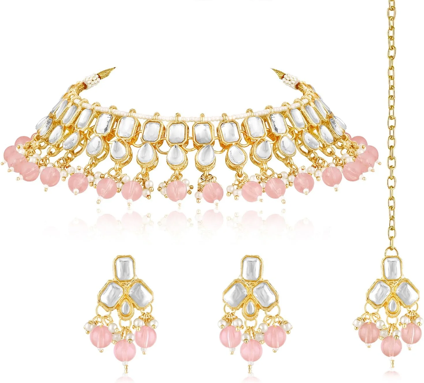 ست گردنبند چوکر، گوشواره و مانگ تیکا مزین به نگین و مهره های Kundan Aheli، هدیه جواهرات قومی برای زنان