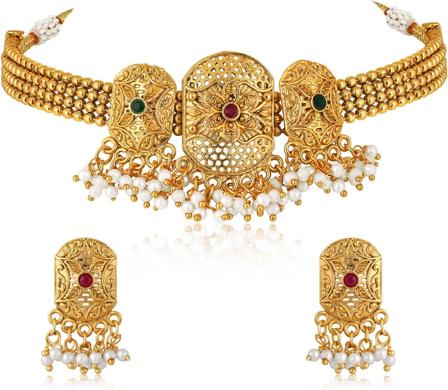 ست گردنبند و گوشواره آویز زنانه با سنگ مصنوعی صورتی و سبز و مهره، روکش طلایی ست گردنبند و گوشواره آویز زنانه با سنگ مصنوعی صورتی و سبز و مهره، روکش طلایی