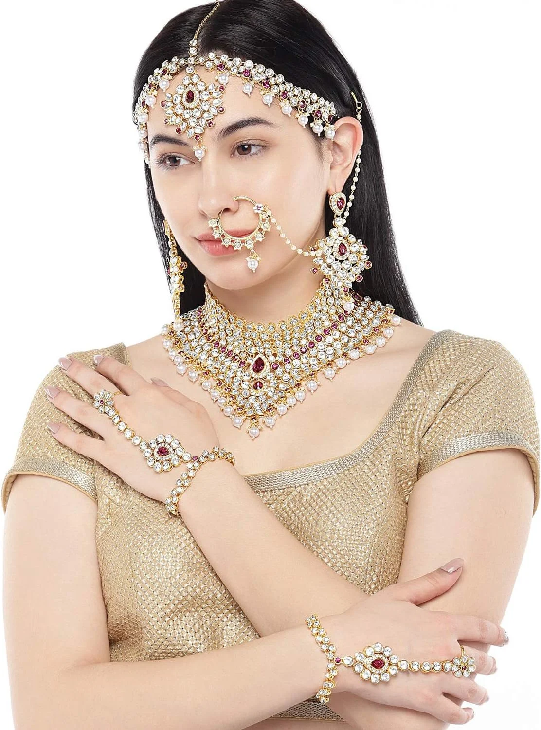 ست جواهرات زنانه بهلی شامل گردنبند چوکر، ماتا پاتی، حلقه بینی و دستبند به سبک کلاسیک بالیوود مناسب عروس و مجالس (آبی) ست جواهرات زنانه بهلی شامل گردنبند چوکر، ماتا پاتی، حلقه بینی و دستبند به سبک کلاسیک بالیوود مناسب عروس و مجالس (آبی)