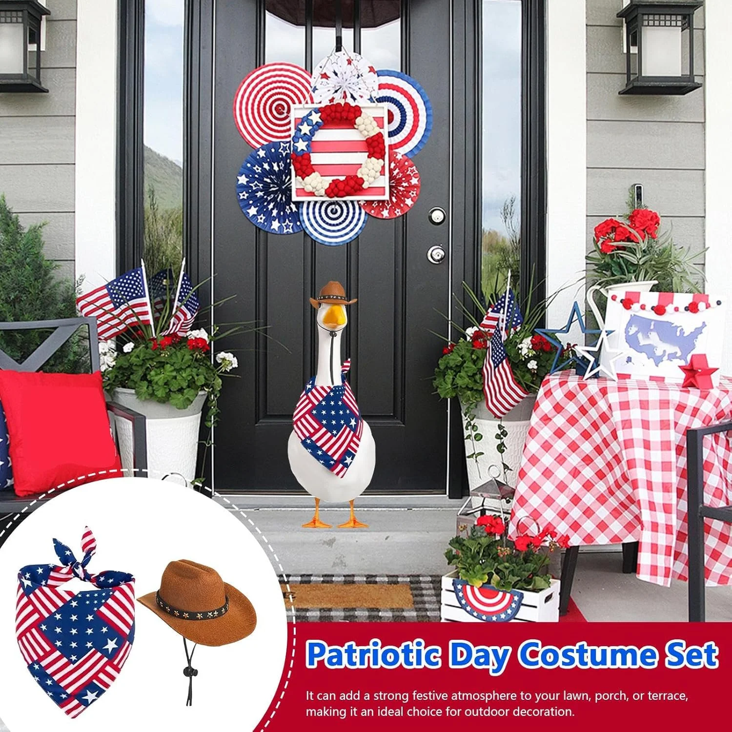 ست لباس غاز برای چهارم جولای - لباس حیوانات با طرح پرچم - لوازم جانبی زیبا برای تزئین ایوان و جشن های تعطیلات