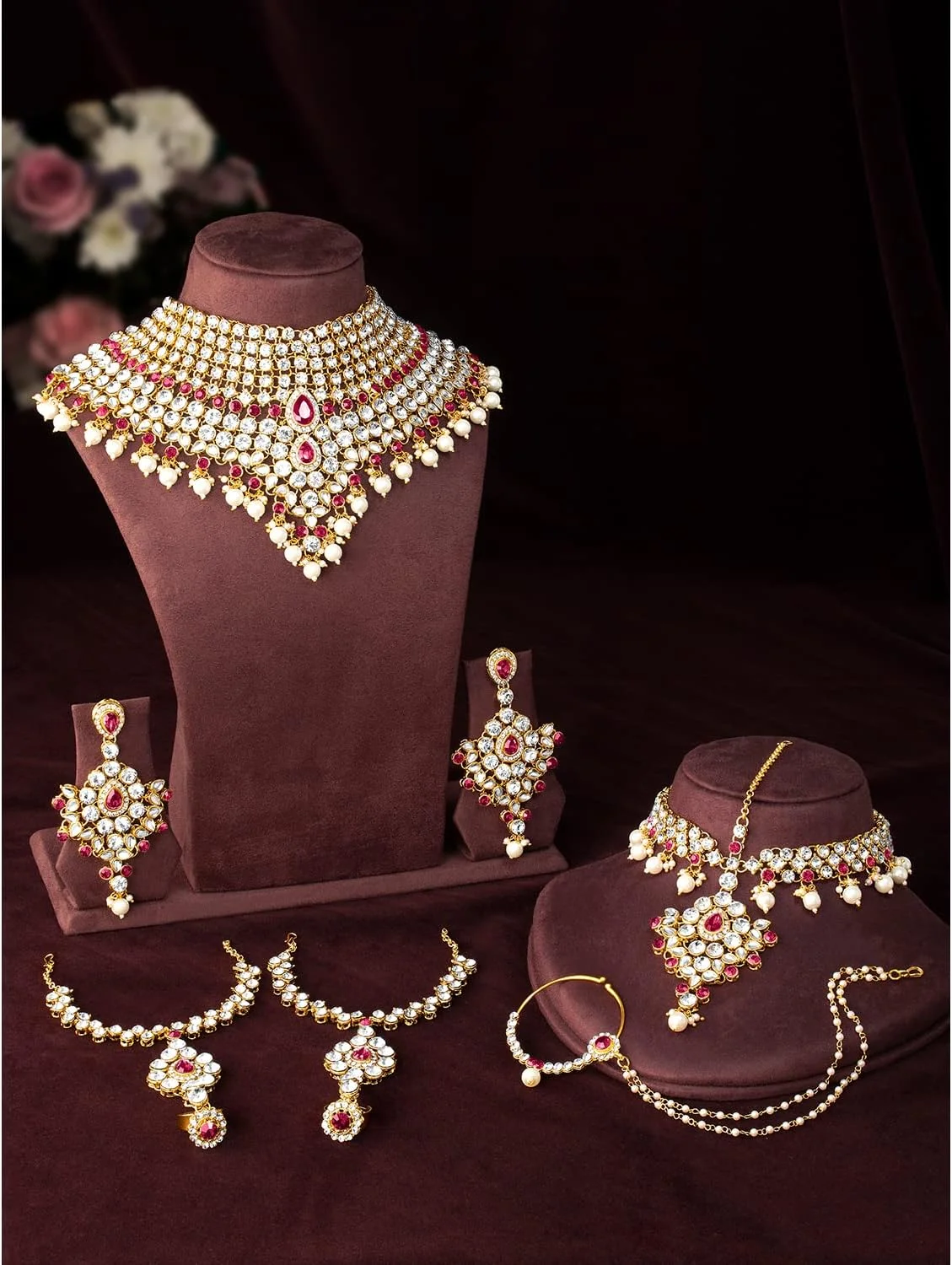 ست جواهرات زنانه بهلی شامل گردنبند چوکر، ماتا پاتی، حلقه بینی و دستبند به سبک کلاسیک بالیوود مناسب عروس و مجالس (آبی) ست جواهرات زنانه بهلی شامل گردنبند چوکر، ماتا پاتی، حلقه بینی و دستبند به سبک کلاسیک بالیوود مناسب عروس و مجالس (آبی)