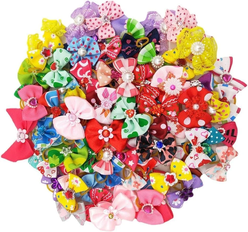 50 عدد گیره پاپیونی مو سگ زیبا، پاپیون موی کشی توله سگ برای سگ های کوچک، لوازم جانبی مو یورکی با نوارهای لاستیکی ضد لغزش، پاپیون سگ خانگی برای یورکی، چیواوا، سگ های خیلی کوچک (رنگ های متنوع)