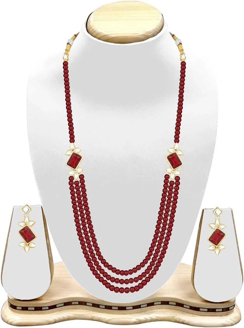 آویز گردنبند سه رشته ای مهره دار قومی اهلی به همراه گوشواره، جواهرات مد روز بالیوودی هندی برای بانوان آویز گردنبند سه رشته ای مهره دار قومی اهلی به همراه گوشواره، جواهرات مد روز بالیوودی هندی برای بانوان