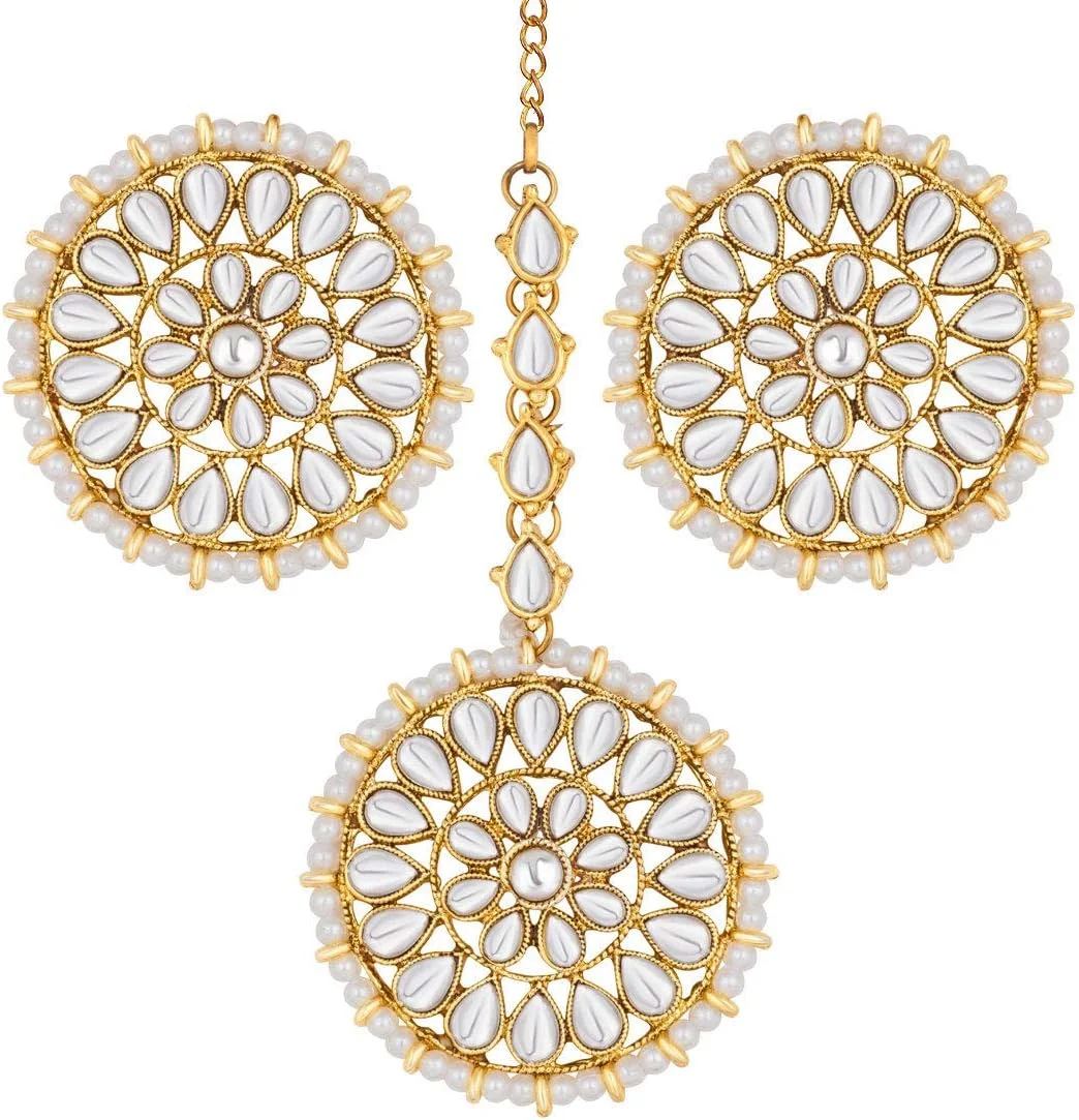 گوشواره های گرد مهره دار طرح کندن مصنوعی Aheli به همراه ست مانگ تیکا، جواهرات قومی هندی برای زنان گوشواره های گرد مهره دار طرح کندن مصنوعی Aheli به همراه ست مانگ تیکا، جواهرات قومی هندی برای زنان