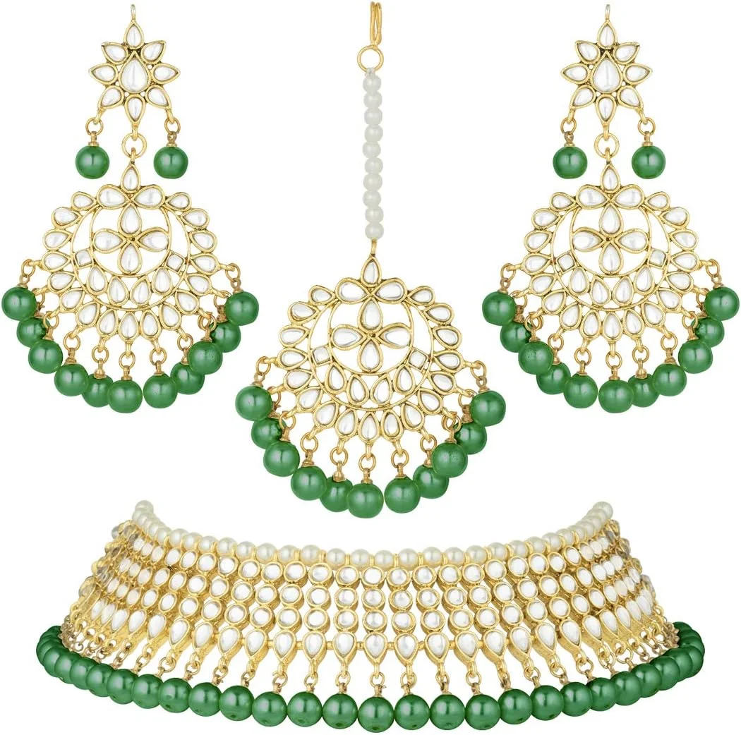 ست گردنبند چوکر منجوق دار Kundan Aheli مناسب مراسم عروسی به همراه Maang Tikka، زیورآلات هندی برای زنان و دختران ست گردنبند چوکر منجوق دار Kundan Aheli مناسب مراسم عروسی به همراه Maang Tikka، زیورآلات هندی برای زنان و دختران