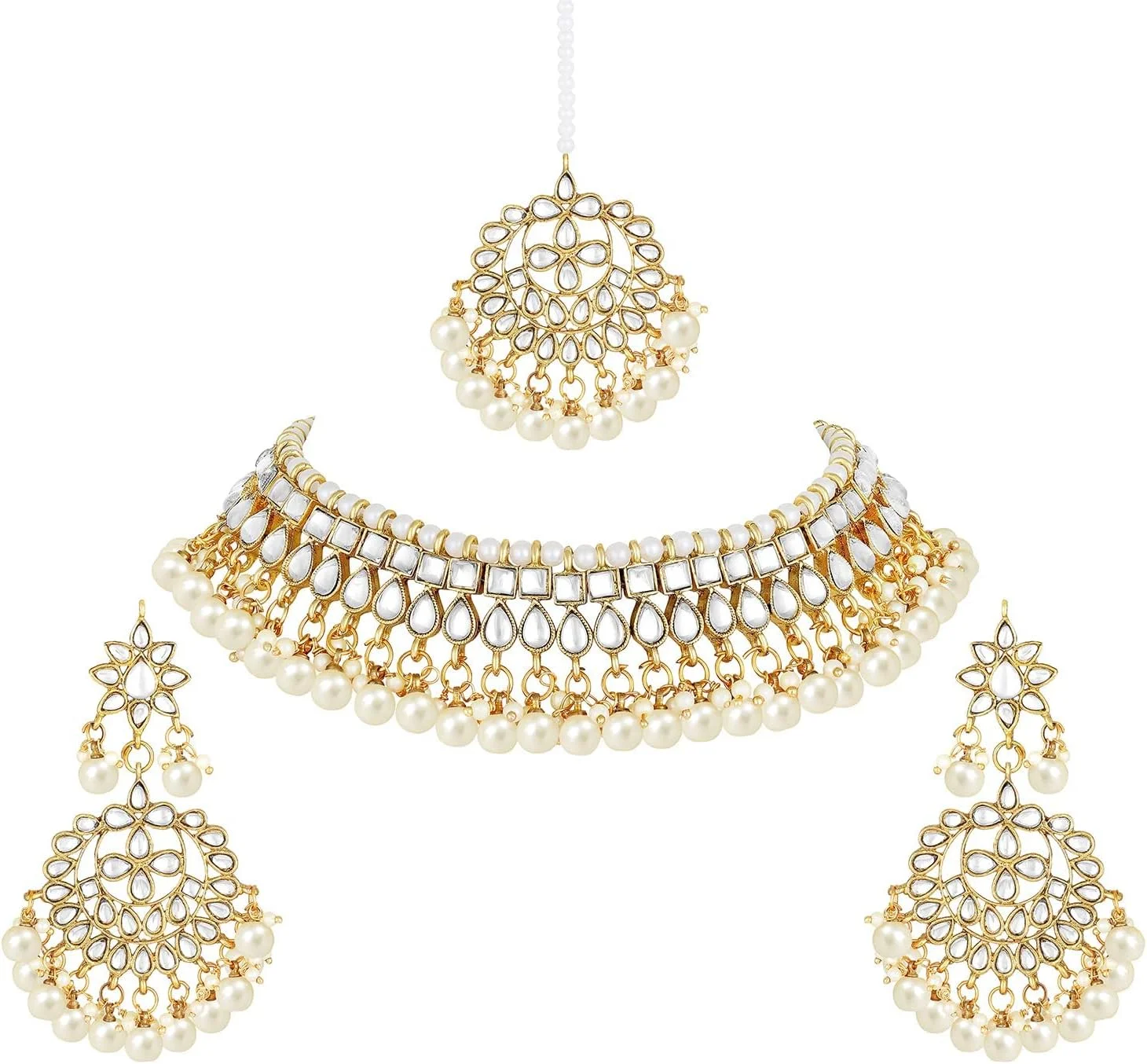 ست جواهرات زنانه طرح هندی بالیوودی شامل گردنبند، گوشواره و مانگ تیکا با مهره های مصنوعی کندن ست جواهرات زنانه طرح هندی بالیوودی شامل گردنبند، گوشواره و مانگ تیکا با مهره های مصنوعی کندن