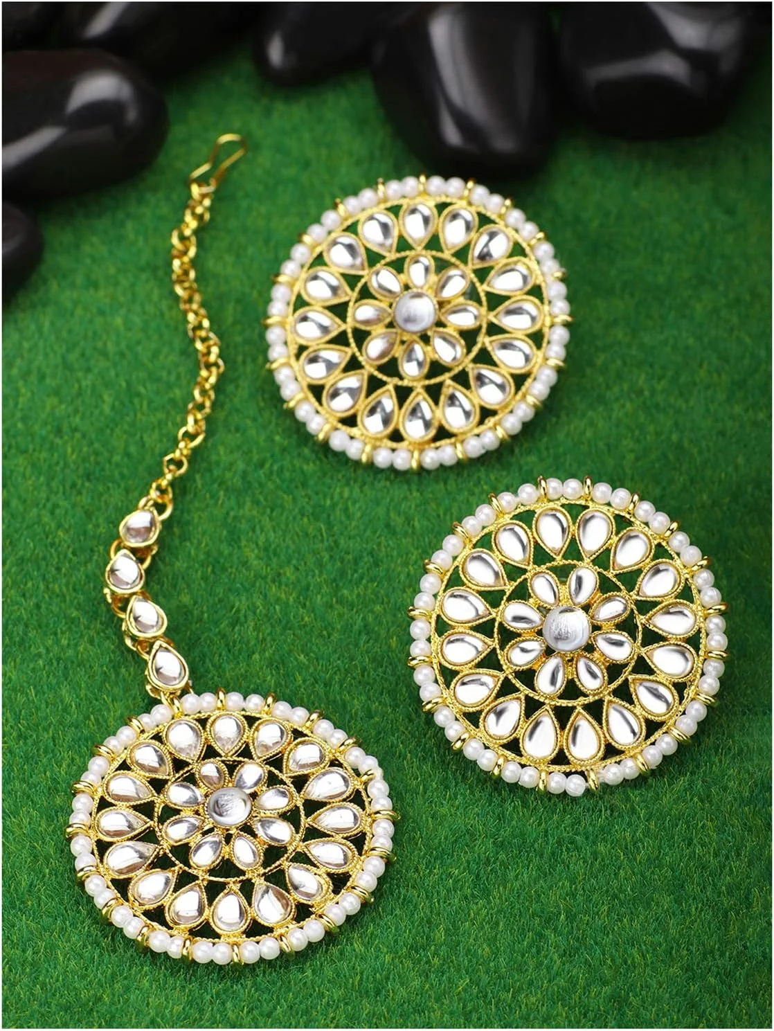 گوشواره های گرد مهره دار طرح کندن مصنوعی Aheli به همراه ست مانگ تیکا، جواهرات قومی هندی برای زنان گوشواره های گرد مهره دار طرح کندن مصنوعی Aheli به همراه ست مانگ تیکا، جواهرات قومی هندی برای زنان