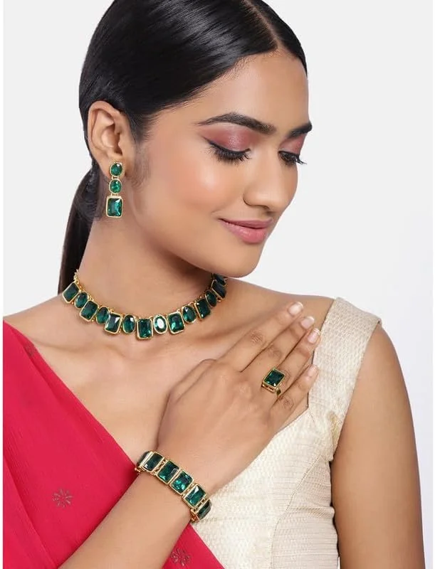 ست جواهرات زنانه Aheli شامل گردنبند، گوشواره، انگشتر و دستبند طرح Kundan آبی، الهام گرفته از جواهرات سنتی بالیوود هند، مناسب هدیه ست جواهرات زنانه Aheli شامل گردنبند، گوشواره، انگشتر و دستبند طرح Kundan آبی، الهام گرفته از جواهرات سنتی بالیوود هند، مناسب هدیه