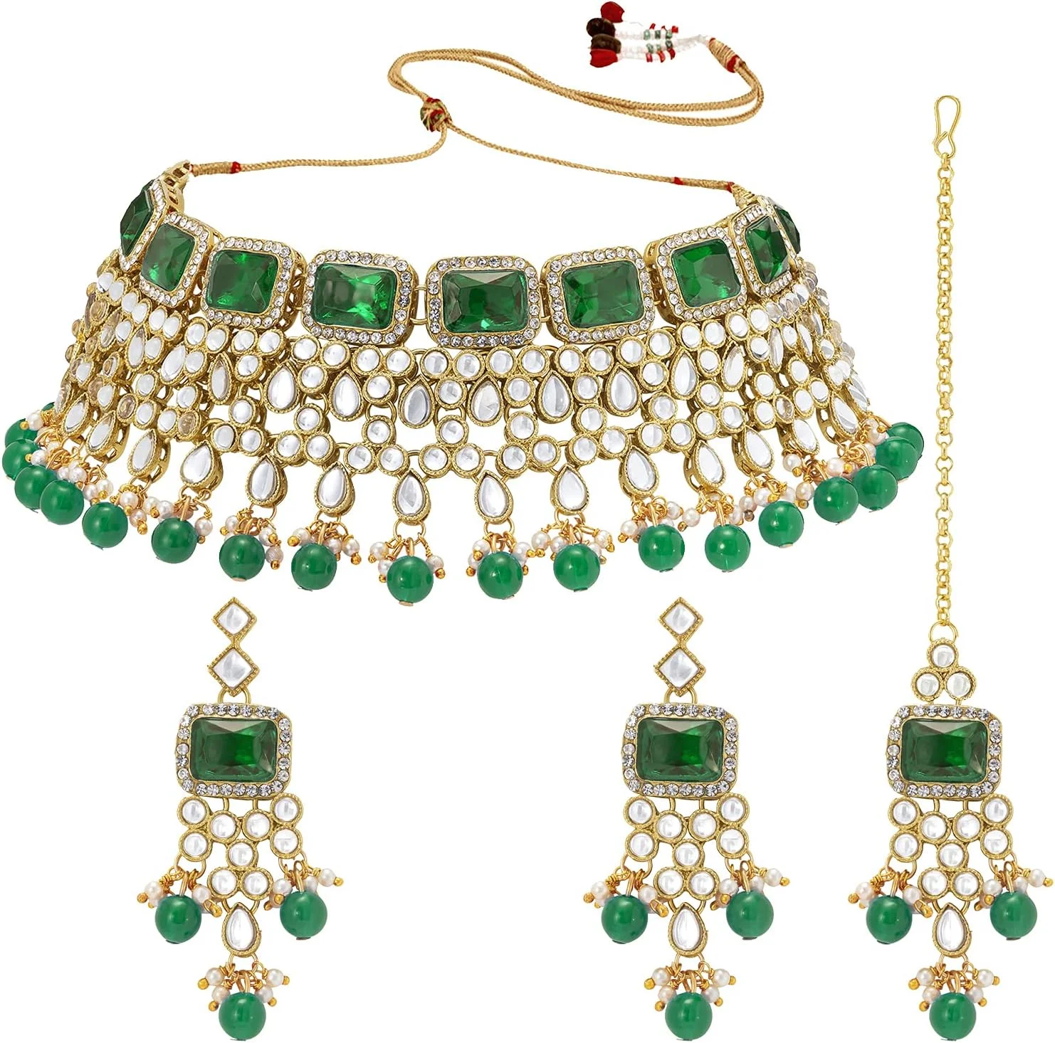 ست جواهرات زنانه سنتی هندی شامل گردنبند بلند و گوشواره با روکش طلای کندان ست جواهرات زنانه سنتی هندی شامل گردنبند بلند و گوشواره با روکش طلای کندان