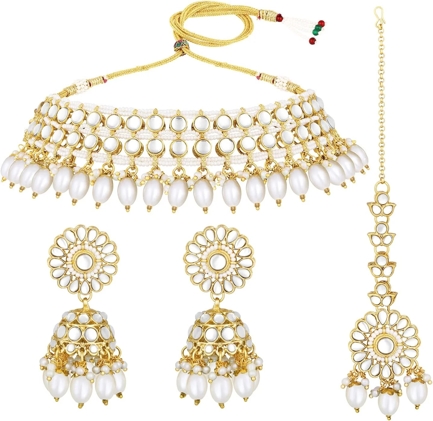ست گردنبند چوکر نگیندار Kundan با روکش طلایی Aheli، گوشوارههای Jhumki و Maang Tikka، زیورآلات مد قومیتی، هدیه برای بانوان ست گردنبند چوکر نگیندار Kundan با روکش طلایی Aheli، گوشوارههای Jhumki و Maang Tikka، زیورآلات مد قومیتی، هدیه برای بانوان