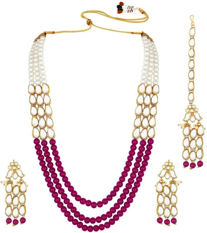 آهلی، ست جواهرات زنانه شامل گردنبند بلند، گوشواره و تیکای پیشانی با روکش طلایی، مروارید و سنگ های صورتی رنگ آهلی، ست جواهرات زنانه شامل گردنبند بلند، گوشواره و تیکای پیشانی با روکش طلایی، مروارید و سنگ های صورتی رنگ