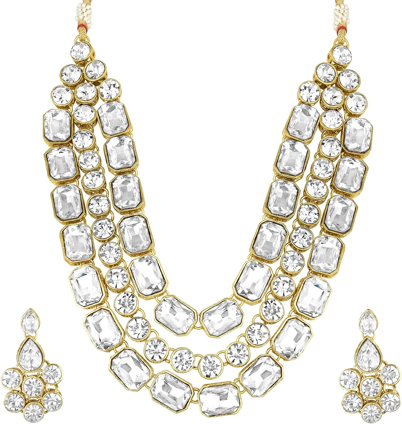 ست جواهرات گردنبند سه لایه و گوشواره زنانه به سبک سنتی هندی بالیوود، مناسب برای مهمانی عروسی و پوشش قومی (سفید) ست جواهرات گردنبند سه لایه و گوشواره زنانه به سبک سنتی هندی بالیوود، مناسب برای مهمانی عروسی و پوشش قومی (سفید)