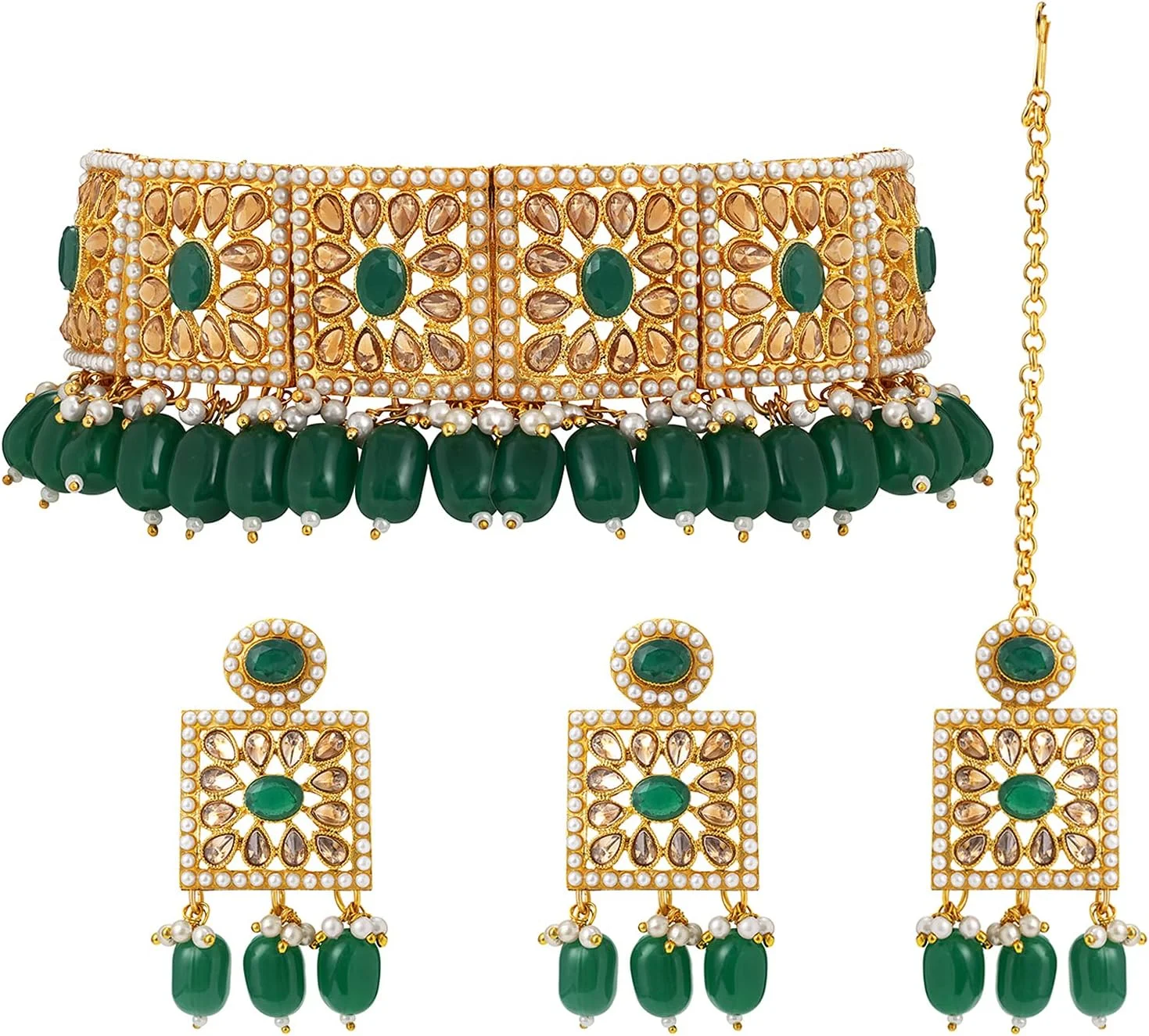ست جواهرات زنانه و دخترانه شامل گردنبند چوکر، گوشواره و مانگ تیکا با مرواریدهای سبز و طرح سنتی Kundan، مناسب برای عروس و الهام گرفته از جواهرات بالیوودی ست جواهرات زنانه و دخترانه شامل گردنبند چوکر، گوشواره و مانگ تیکا با مرواریدهای سبز و طرح سنتی Kundan، مناسب برای عروس و الهام گرفته از جواهرات بالیوودی