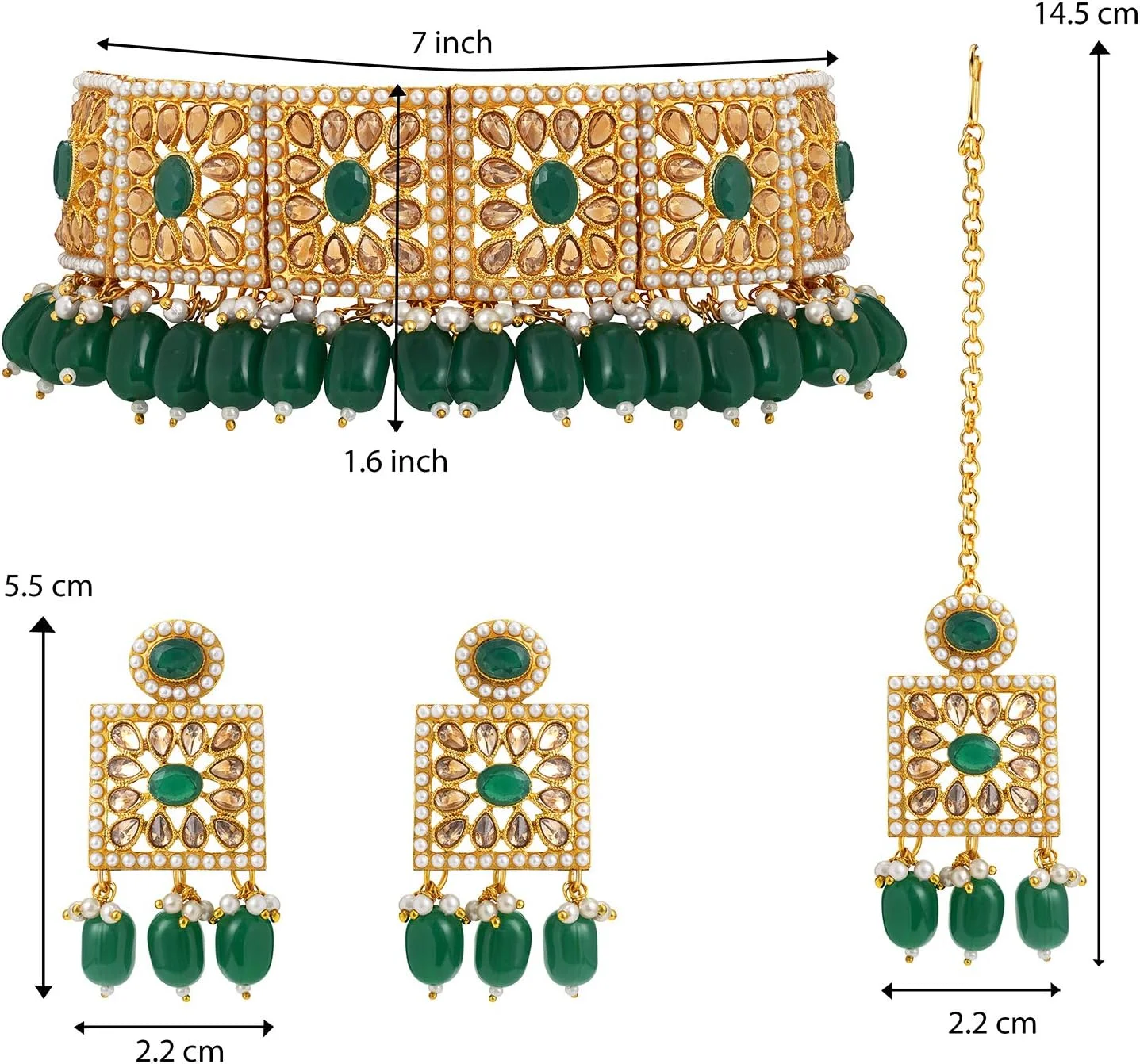 ست جواهرات زنانه و دخترانه شامل گردنبند چوکر، گوشواره و مانگ تیکا با مرواریدهای سبز و طرح سنتی Kundan، مناسب برای عروس و الهام گرفته از جواهرات بالیوودی ست جواهرات زنانه و دخترانه شامل گردنبند چوکر، گوشواره و مانگ تیکا با مرواریدهای سبز و طرح سنتی Kundan، مناسب برای عروس و الهام گرفته از جواهرات بالیوودی
