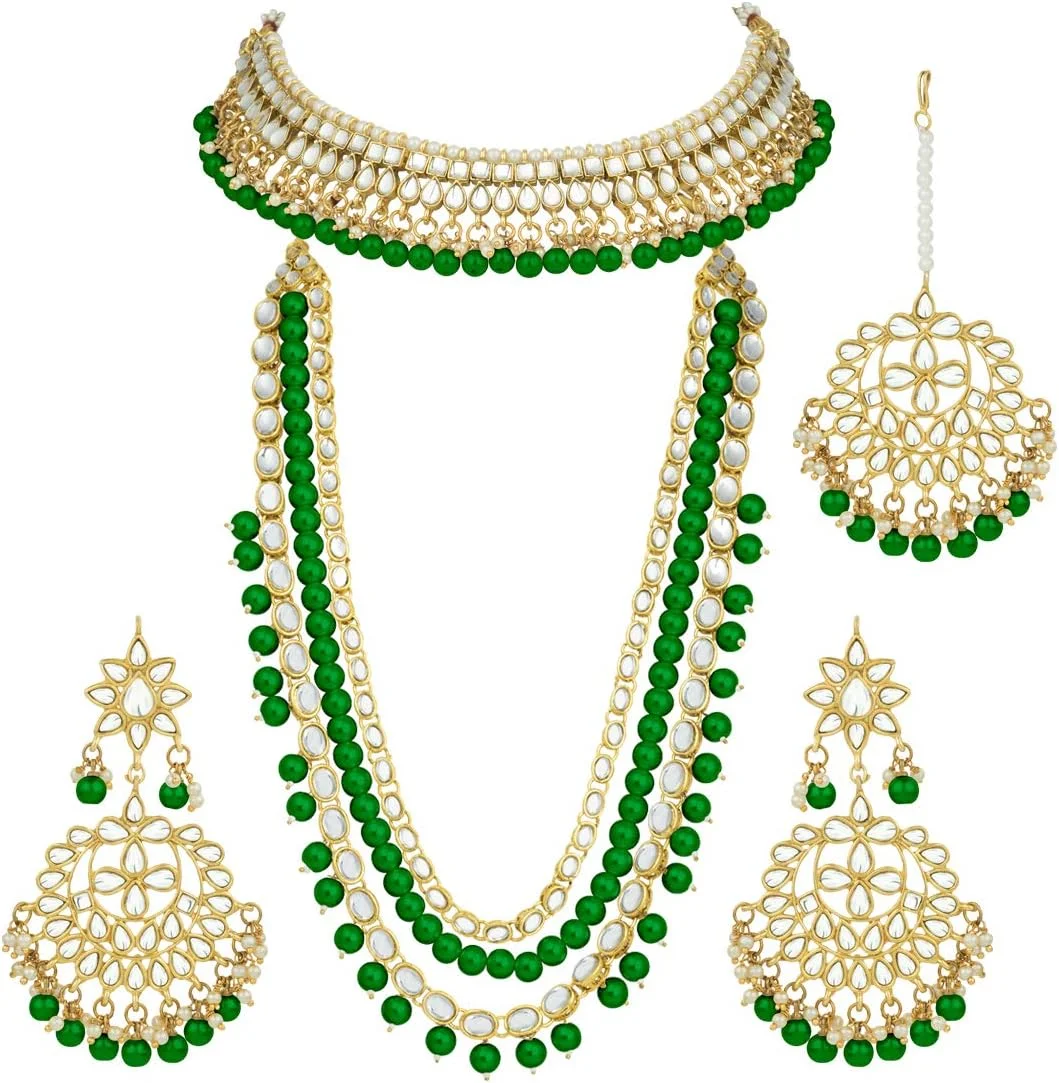 ست جواهرات سنتی هندی بالیوود شامل گردنبند چوکر، گوشواره و مانگ تیکا ست جواهرات سنتی هندی بالیوود شامل گردنبند چوکر، گوشواره و مانگ تیکا