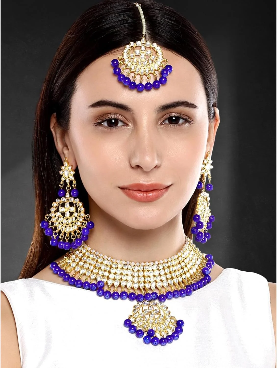 ست گردنبند، گوشواره و تیکا مانگ طرح کندن مصنوعی Aheli، زیورآلات مجلسی قومی هندی برای بانوان ست گردنبند، گوشواره و تیکا مانگ طرح کندن مصنوعی Aheli، زیورآلات مجلسی قومی هندی برای بانوان