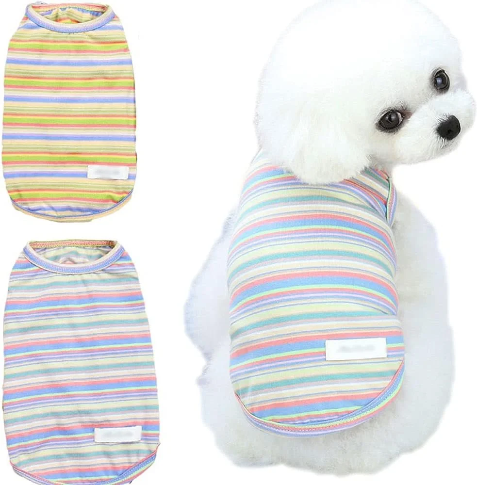 لباس سگ و گربه طرح راه راه رنگارنگ، هودی جلیقه ای آبی زرد، تاپ تی شرت آستین حلقه ای تابستانی